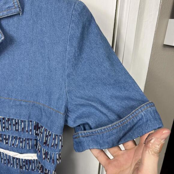 Vintage M.H.M. Melissa Harpe Denim Bead Fringe Western Y2K Button Front Size 10 - Picture 8 of 11